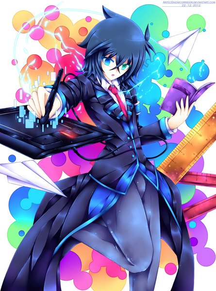 Anime picture 2828x3811 with original snowcorridor (artist) single tall image highres short hair open mouth blue eyes black hair inscription looking down girl necktie book (books) pen scales paper airplane ruler