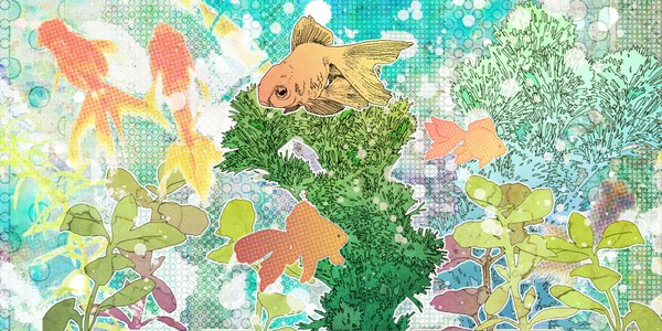 Anime picture 1920x960 with original piyograph highres wide image silhouette plant (plants) bubble (bubbles) fish (fishes) algae