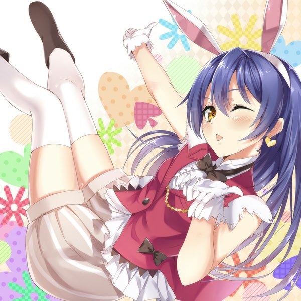 Anime picture 1000x1000 with love live! school idol project sunrise (studio) love live! sonoda umi heirou single long hair looking at viewer blush open mouth yellow eyes blue hair one eye closed wink bunny ears blown kiss girl thighhighs dress gloves
