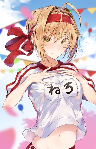 Anime picture 1999x3106 with fate (series) fate/grand order nero claudius (fate) (all) nero claudius (fate) hplay (kyoshinou) single tall image fringe highres short hair breasts light erotic blonde hair hair between eyes green eyes upper body ahoge midriff depth of field breast grab