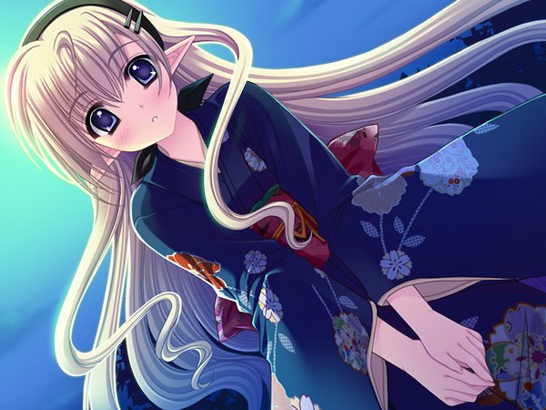 Anime picture 1024x768 with shuffle! single long hair blush blonde hair purple eyes game cg japanese clothes pointy ears girl kimono