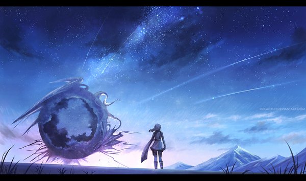 Anime picture 1100x650 with final fantasy final fantasy xiii square enix lightning farron megatruh single long hair wide image standing signed blue hair sky cloud (clouds) from behind letterboxed mountain morning sunrise meteor rain girl