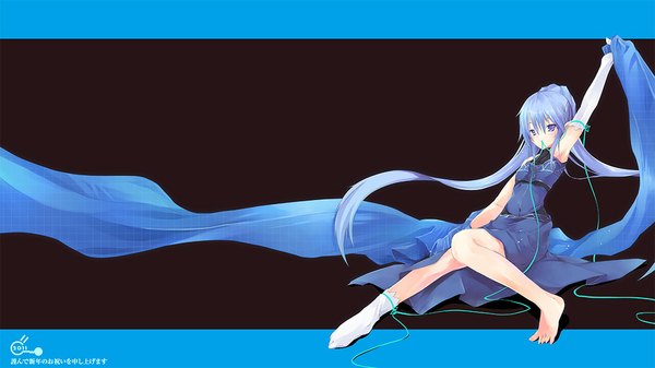 Anime picture 1100x619 with original inoue takuya (tactactak) single long hair fringe breasts blue eyes wide image holding blue hair bent knee (knees) armpit (armpits) mouth hold ribbon in mouth dress gloves elbow gloves blue dress thread single sock