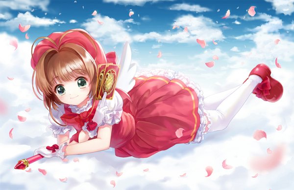 Anime picture 1123x729 with card captor sakura clamp kinomoto sakura moai (aoh) single looking at viewer short hair blue eyes brown hair sky cloud (clouds) girl dress gloves petals wings shoes white gloves card (cards)