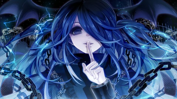 Anime picture 4722x2651 with s4 league ophelia (s4 league) long hair fringe highres blue eyes wide image blue hair absurdres hair over one eye demon wings girl wings chain