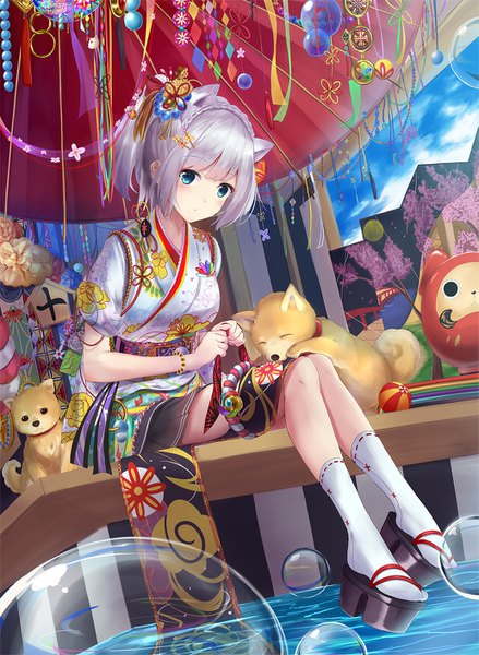Anime picture 1031x1408 with original karumayu single tall image fringe short hair blue eyes sitting holding animal ears sky silver hair cloud (clouds) full body ponytail braid (braids) traditional clothes japanese clothes short sleeves floral print