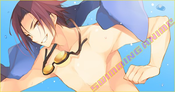 Anime picture 800x420 with free! kyoto animation matsuoka rin enomoto hina single looking at viewer short hair smile wide image brown eyes purple hair inscription spread arms blue background goggles around neck boy towel goggles