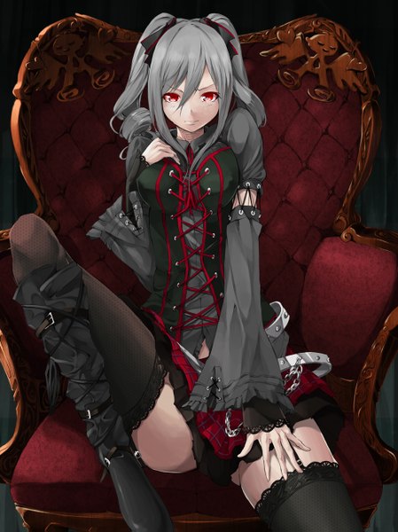 Anime picture 1000x1335 with idolmaster idolmaster cinderella girls kanzaki ranko solru (tyappygain) single long hair tall image looking at viewer light erotic red eyes twintails grey hair drill hair awakened devil lord girl thighhighs dress black thighhighs detached sleeves boots