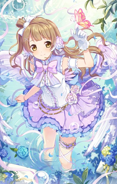 Anime picture 580x910 with love live! school idol project sunrise (studio) love live! minami kotori 6u (eternal land) single tall image looking at viewer blush fringe breasts smile brown hair brown eyes hair flower sleeveless one side up wavy hair white wings butterfly on hand