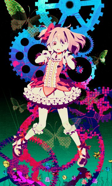 Anime picture 1196x1971 with mahou shoujo madoka magica shaft (studio) kaname madoka 8055 single tall image looking at viewer short hair open mouth pink hair pink eyes tears girl dress gloves flower (flowers) bow hair bow choker socks