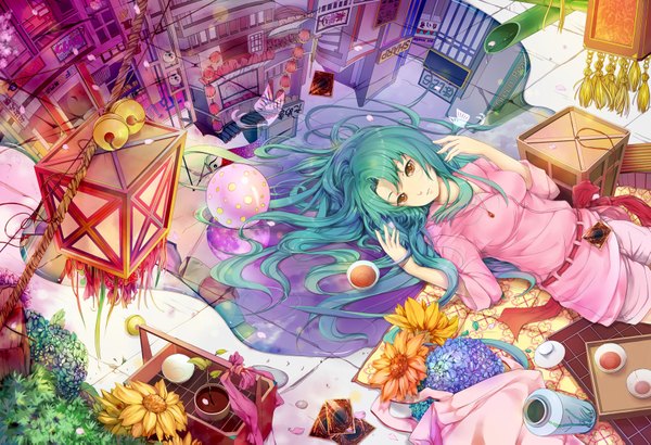 Anime picture 1713x1171 with hongmao single long hair highres brown eyes lying green hair girl flower (flowers) petals bell jingle bell cup ball