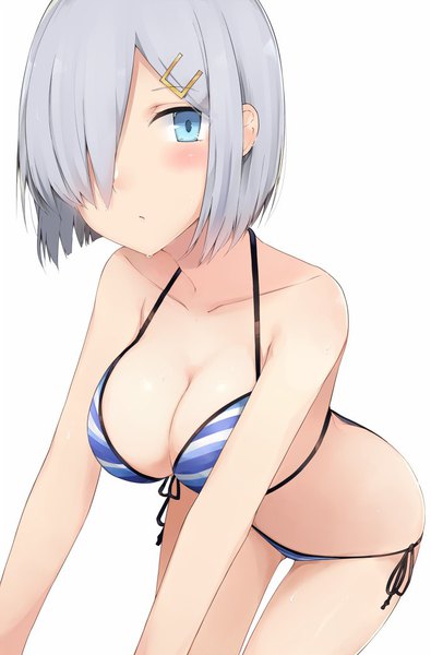 Anime picture 687x1044 with kantai collection hamakaze destroyer cole single tall image looking at viewer blush fringe short hair breasts light erotic simple background large breasts white background bare shoulders silver hair hair over one eye leaning leaning forward girl