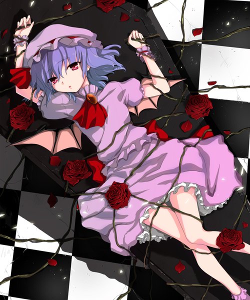Anime picture 1500x1800 with touhou remilia scarlet oudanhodou single tall image short hair red eyes blue hair checkered floor bondage girl flower (flowers) petals wings headdress rose (roses) red rose coffin