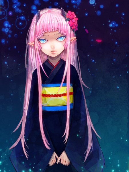 Anime picture 1200x1600 with original sono (pixiv) single long hair tall image blue eyes pink hair nail polish japanese clothes hair flower horn (horns) pointy ears animal eyes girl hair ornament petals