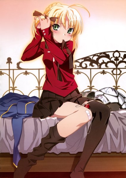 Anime picture 3276x4650 with fate (series) fate/stay night studio deen type-moon artoria pendragon (all) saber toosaka rin watanabe akio single tall image blush fringe highres breasts blonde hair sitting holding green eyes absurdres alternate costume