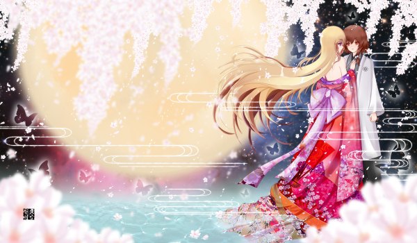 Anime picture 2400x1400 with touhou usami renko maribel hearn dusk/dawn long hair highres short hair blonde hair red eyes brown hair wide image purple eyes multiple girls traditional clothes japanese clothes cherry blossoms girl flower (flowers) 2 girls kimono