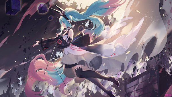 Anime picture 1568x882 with forever 7th capital vocaloid hatsune miku atdan single wide image twintails holding pink hair eyes closed very long hair profile multicolored hair aqua eyes two-tone hair floating hair outstretched arm singing girl thighhighs