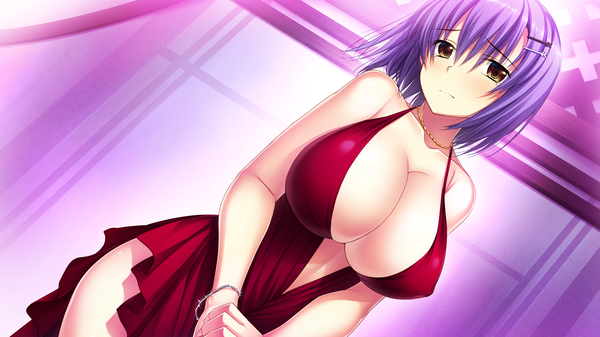 Anime picture 2048x1152 with umisora no fragments yuuri nishinomiya single looking at viewer blush highres short hair breasts light erotic wide image large breasts bare shoulders brown eyes game cg purple hair girl dress