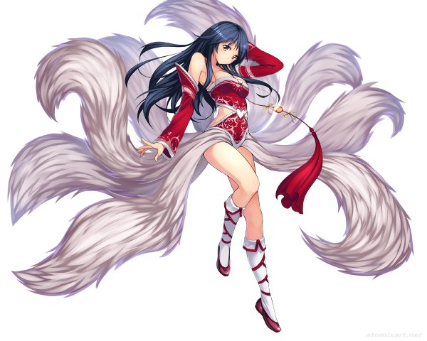 Anime picture 1200x960 with league of legends ahri (league of legends) atomix single long hair blush simple background smile white background bare shoulders brown eyes blue hair girl detached sleeves socks