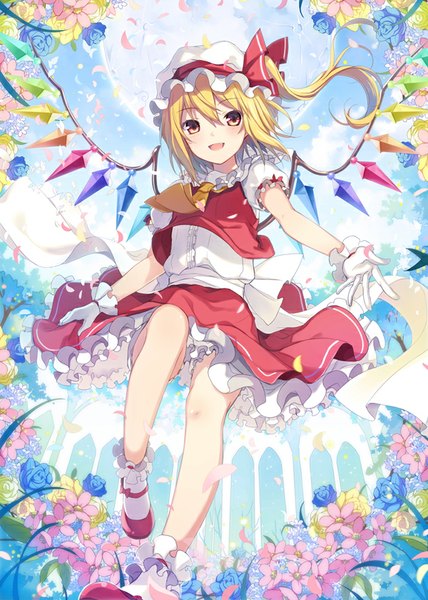 Anime picture 600x840 with touhou flandre scarlet 6u (eternal land) single tall image looking at viewer blush short hair open mouth blonde hair sky cloud (clouds) orange eyes one side up outstretched arm girl skirt gloves flower (flowers) petals