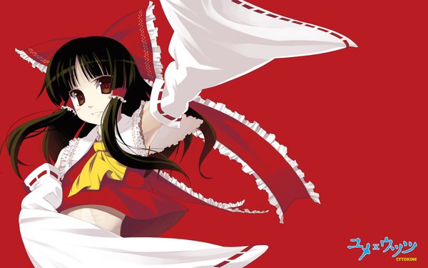 Anime picture 1920x1200 with touhou hakurei reimu long hair highres simple background wide image brown eyes traditional clothes inscription miko red background girl bow ribbon (ribbons) hair bow detached sleeves hair tubes
