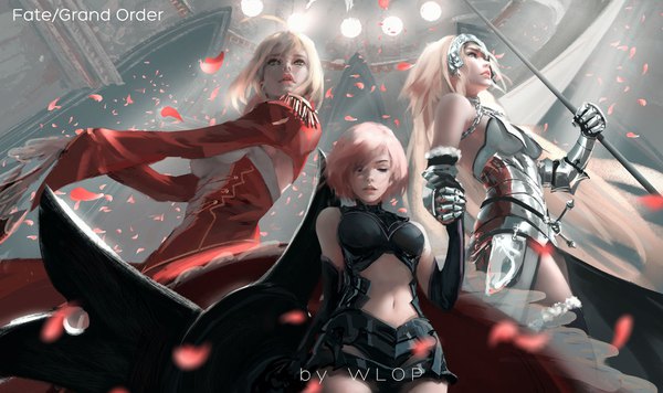 Anime picture 1708x1016 with fate (series) fate/grand order fate/apocrypha fate/extra jeanne d'arc (fate) (all) mash kyrielight nero claudius (fate) (all) jeanne d'arc (fate) nero claudius (fate) wlop fringe highres short hair breasts blonde hair wide image standing bare shoulders multiple girls holding