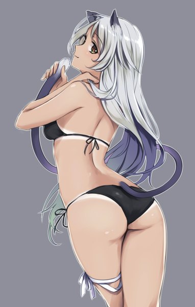 Anime picture 990x1555 with original takeuchi aya single long hair tall image looking at viewer blush light erotic simple background smile brown eyes animal ears silver hair ass tail animal tail profile cat ears grey background cat girl