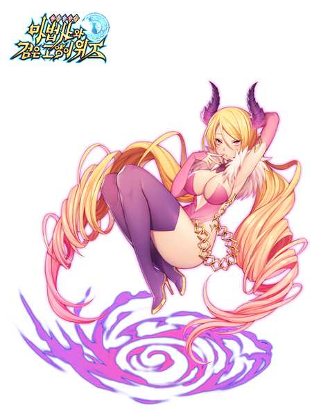 Anime picture 750x1000 with original byulzzimon single tall image blush breasts light erotic blonde hair large breasts white background twintails very long hair pink eyes horn (horns) drill hair finger to mouth girl detached sleeves thigh boots