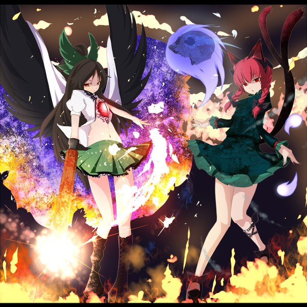 Anime picture 1280x1280 with touhou reiuji utsuho kaenbyou rin nikka (cryptomeria) long hair black hair red eyes multiple girls animal ears red hair animal tail cat ears cat tail arm cannon girl weapon 2 girls wings skull