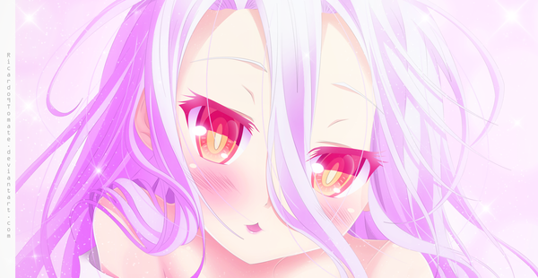 Anime picture 2000x1035 with no game no life madhouse shiro (no game no life) ric9duran single long hair blush highres open mouth hair between eyes wide image bare shoulders yellow eyes pink hair loli coloring close-up pink background face girl