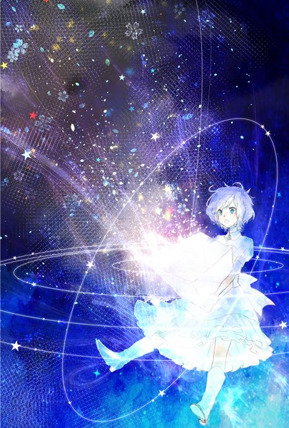 Anime picture 1378x2039 with original rubill single tall image fringe short hair open mouth blue eyes holding looking away white hair night night sky light girl dress flower (flowers) white dress star (stars) knee boots