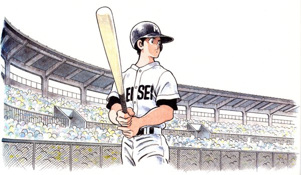 Anime picture 3000x1752 with touch tatsuya uesugi single highres short hair black hair wide image scan oldschool 80s boy helmet baseball bat baseball uniform stadium baseball helmet