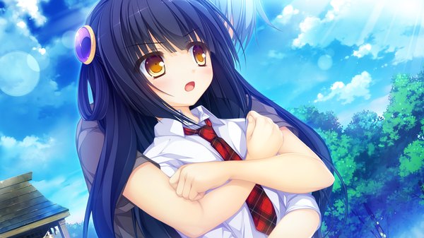 Anime picture 1920x1080 with kujiragami no tearstilla riru whale mikagami mamizu long hair blush highres open mouth black hair wide image yellow eyes game cg sky cloud (clouds) hug girl boy necktie