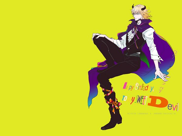 Anime picture 1093x820 with tiger & bunny sunrise (studio) barnaby brooks jr. single looking at viewer blue eyes simple background blonde hair sitting horn (horns) light smile inscription boy ribbon (ribbons) shirt glasses frills pants cloak vest