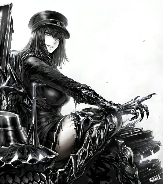 Anime picture 1000x1125 with kantai collection akitsumaru dock landing ship misawa k single long hair tall image fringe breasts light erotic smile large breasts white background sitting signed bent knee (knees) pleated skirt pointy ears from below zettai ryouiki monochrome