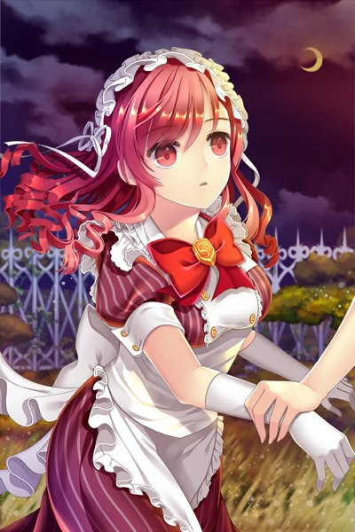 Anime picture 700x1050 with original agrt long hair tall image red eyes cloud (clouds) red hair night maid drill hair crescent girl dress gloves headdress maid headdress moon apron