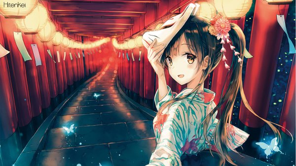 Anime picture 2560x1440 with original sano mana hiten (hitenkei) single long hair looking at viewer blush fringe highres open mouth brown hair wide image brown eyes signed upper body traditional clothes :d japanese clothes looking back hair flower