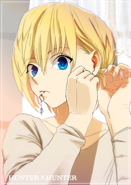 Anime picture 1240x1754 with hunter x hunter kurapica single tall image short hair blue eyes blonde hair inscription boy earrings
