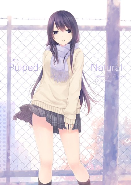 Anime picture 849x1200 with original shiramine rika coffee-kizoku single long hair tall image looking at viewer black hair black eyes inscription girl skirt miniskirt socks scarf black socks sweater