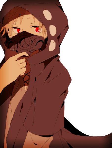 Anime picture 1000x1320 with kagerou project shaft (studio) kano shuuya hiiragi fuyuki single tall image looking at viewer short hair simple background blonde hair red eyes standing white background boy jacket hood hoodie respirator