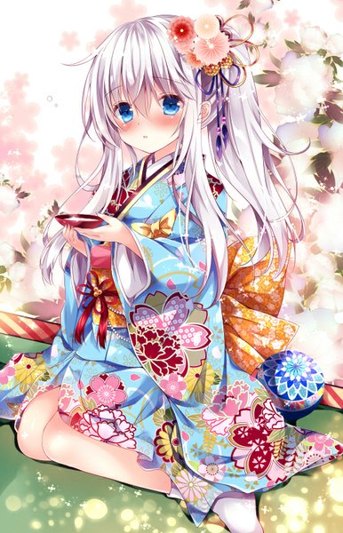 Anime picture 533x827 with kantai collection hibiki destroyer nogi takayoshi single long hair tall image looking at viewer blush blue eyes white hair ponytail traditional clothes japanese clothes girl hair ornament kimono