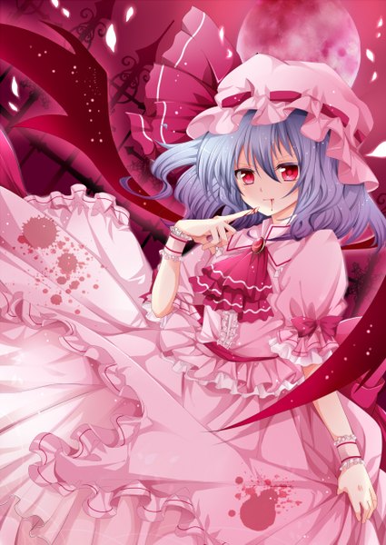 Anime picture 904x1275 with touhou remilia scarlet rakkyhappy single tall image looking at viewer short hair red eyes blue hair red moon girl dress bow petals wings blood bonnet