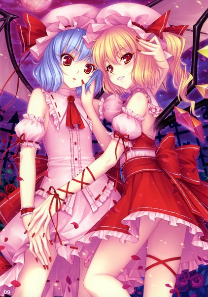 Anime picture 2483x3528 with touhou flandre scarlet remilia scarlet tall image highres blonde hair red eyes multiple girls blue hair nail polish girl dress skirt ribbon (ribbons) 2 girls hat petals wings skirt set