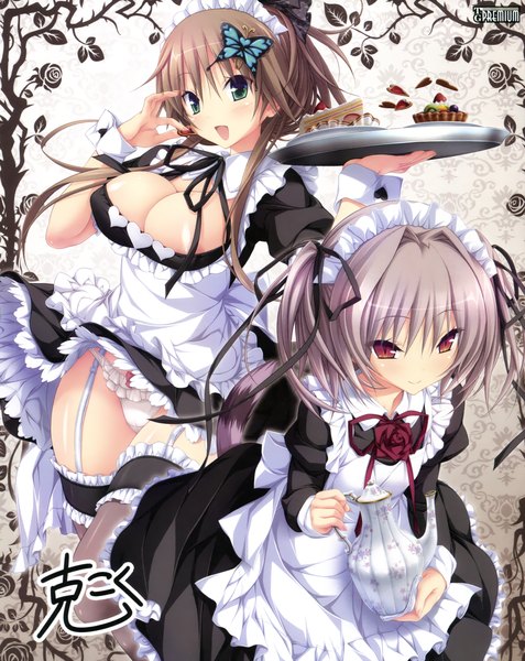 Anime picture 2420x3045 with hapymaher purple software toriumi arisu naitou maia koku long hair tall image highres breasts open mouth light erotic red eyes brown hair large breasts twintails multiple girls green eyes grey hair scan maid
