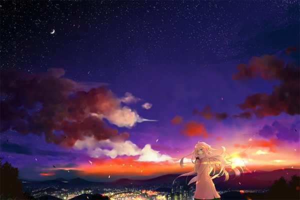 Anime picture 1200x800 with vocaloid megurine luka noizmoo single long hair looking at viewer fringe blue eyes smile standing pink hair cloud (clouds) looking back wind sunlight night night sky city evening sunset