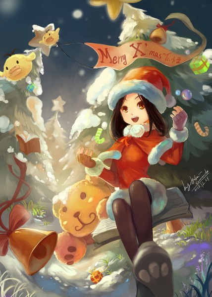 Anime picture 1000x1400 with original summercards single tall image short hair open mouth black hair sitting brown eyes signed sky inscription night fur trim snowing christmas winter snow merry christmas girl