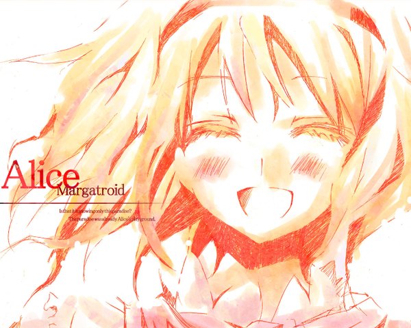 Anime picture 1280x1024 with touhou alice margatroid orimoto asami single blush short hair open mouth blonde hair eyes closed :d character names close-up traditional media polychromatic colored pencil (medium) girl