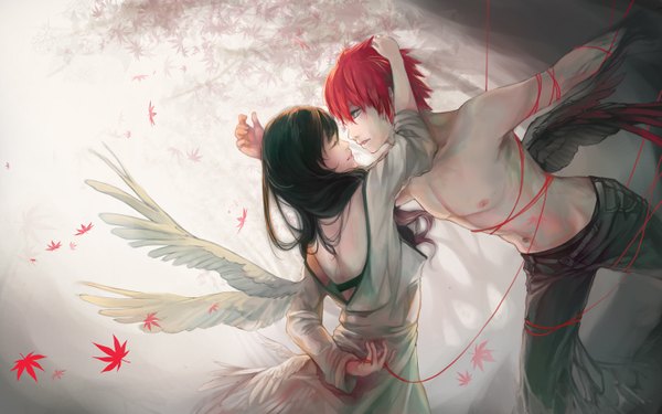 Anime picture 1438x900 with original nyanfood long hair fringe short hair open mouth black hair red hair eyes closed profile lips armpit (armpits) hand on head bare back face to face black wings bondage white wings fog shirtless