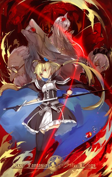 Anime picture 1266x2000 with original pixiv fantasia pixiv fantasia fallen kings armeechef saberiii tall image blonde hair red eyes multiple girls white hair inscription maid hair over eyes old man girl thighhighs dress boy hair ornament weapon