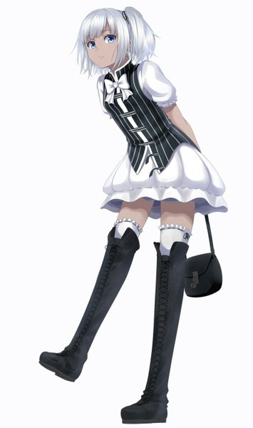 Anime picture 800x1350 with original heisei yutorin single tall image looking at viewer short hair blue eyes simple background white background silver hair girl dress bow boots thigh boots bag